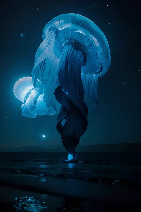 magestic perfection, fantasy photograph, (massive blue jellyfish with the moon inside), astronomical beautiful, moonlight shining, galaxies in the background