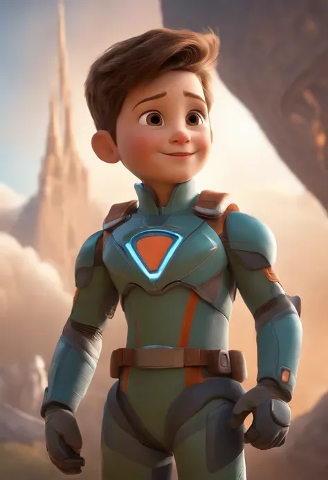 a happy cute kid standing short hair, vestindo uma fantasia espacial, , fundo branco, barnet, tom, Estilo Pixar, ..3d, desenhos animados, rosto detalhado, asymmetrical 16k