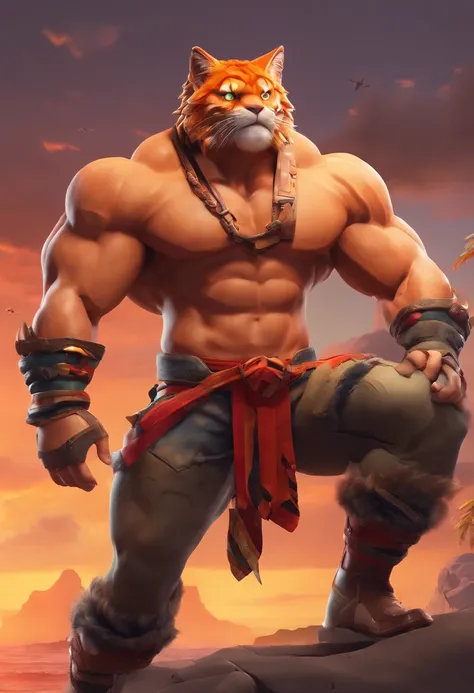 (best quality, highres, ultra-detailed), muscular meowscles (Fortnite character) showcasing his abs in a provocative yet tasteful manner. The artwork is created using an oil painting medium, with extremely detailed brushstrokes capturing the texture of his...