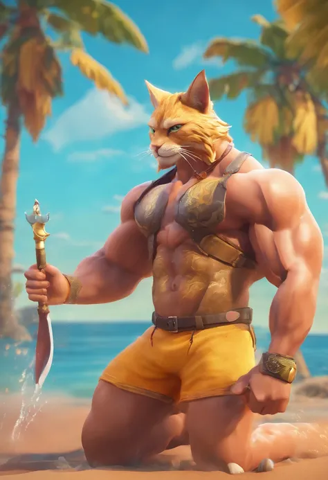 (best quality, highres, ultra-detailed), muscular meowscles (Fortnite character) showcasing his abs in a provocative yet tasteful manner. The artwork is created using an oil painting medium, with extremely detailed brushstrokes capturing the texture of his...