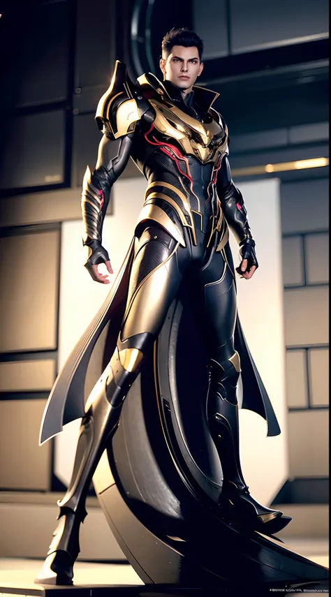 a man in a suit with a futuristic look on his face and chest, with a futuristic helmet on, (1boy:0.630), (black hair:0.728), (gold armor:0.923), (blurry:0.915), (blurry background:0.579), (blurry foreground:0.619), (depth of field:0.771), (letterboxed:0.80...