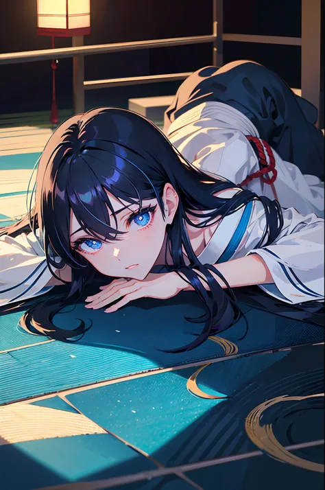 Dark hair　blue eyess　male people　ember　Lying on the floor　Japanese houses　​masterpiece　Top image quality　Clear　anime colours　cinematic shadow　Increased attractiveness of the eyes　Clear the shine of the eyes　Draw eyelashes neatly　Perfect Eye　A detailed eye　...