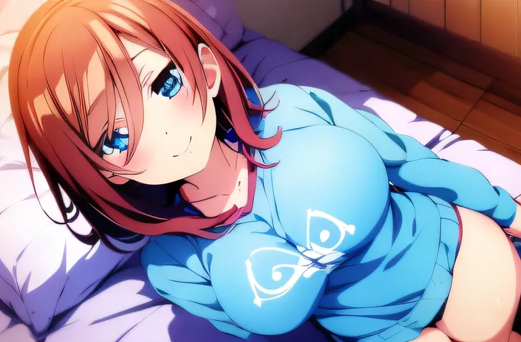 ((masutepiece)), ((Best Quality)), (Ultra-detailed), Anime style, look down from above, on the bed, Cute little girl s, 1girl in, Solo, underwear00, ((Beautiful eyes)), large full breasts, Smile