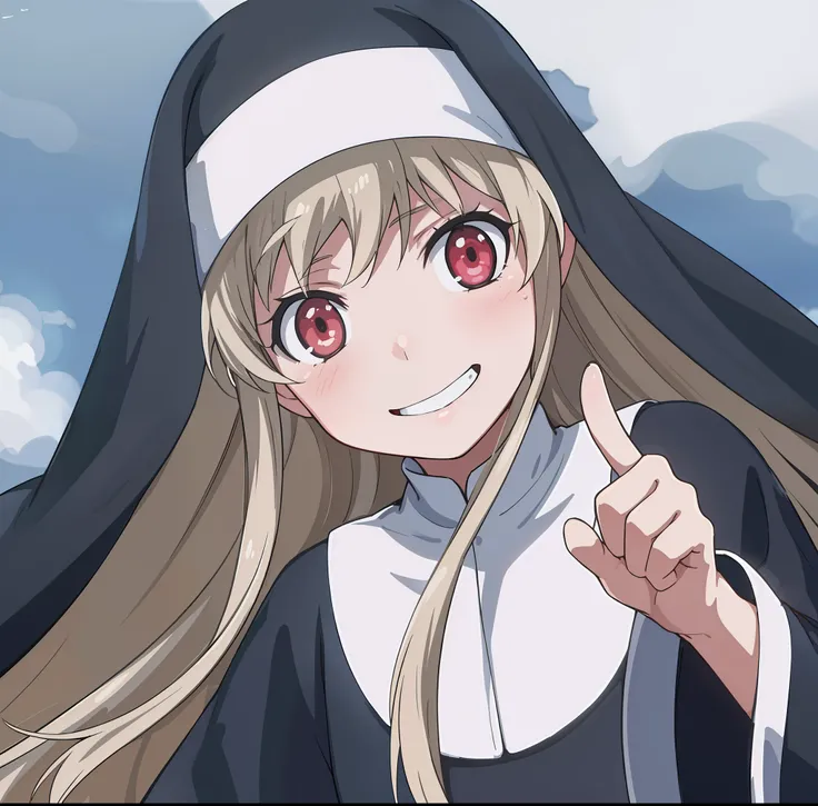 hiquality, tmasterpiece (one girls) nun. Cassock clothing. blonde woman. brown eye. ssmile. Against the background of the sky. Hand with fingers.