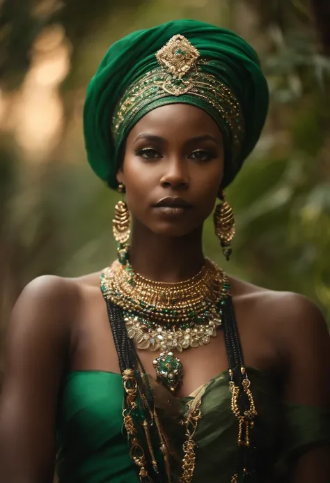 Girl wearing a green headdress and jewelry, stunning african princess, dark skin female goddess of love, black african princess, portrait of a beautiful goddess, african princess, dark skin, dark complexion, african queen, goddess close-up portrait, goddes...