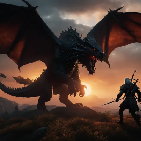 masterpiece, best quality, high quality, extremely detailed CG unity 8k wallpaper, Depth of Field, HDR, Photorealistic, extremely detailed, Intricate, High Detail, silhouettes of the Witcher fighting a dragon.