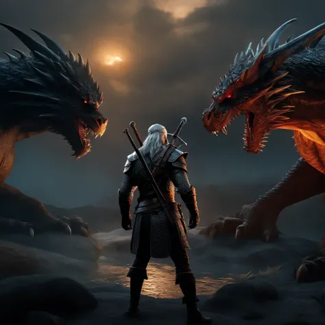 masterpiece, best quality, high quality, extremely detailed CG unity 8k wallpaper, Depth of Field, HDR, Photorealistic, extremely detailed, Intricate, High Detail, silhouettes of the Witcher fighting a dragon.