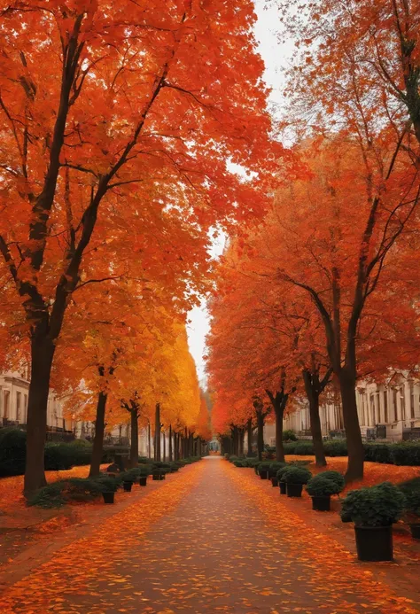 Autumn, orange and red autumn trees, falling leaves, sidewalk view, ((symmetrical)), ((POV))