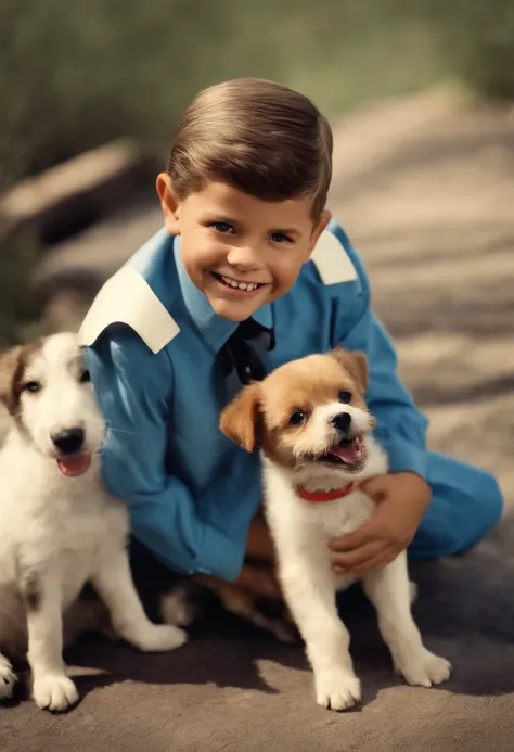 Foto colorida de menino que se parece com Jerry Lewis, DOG TRAINING, lively expressions, sorriso travesso, curly hair, estilo vintage, Fotografia em preto e branco, energetic movements, retro clothing, Classic Dog Training Tools, ambiente ao ar livre, dia ...