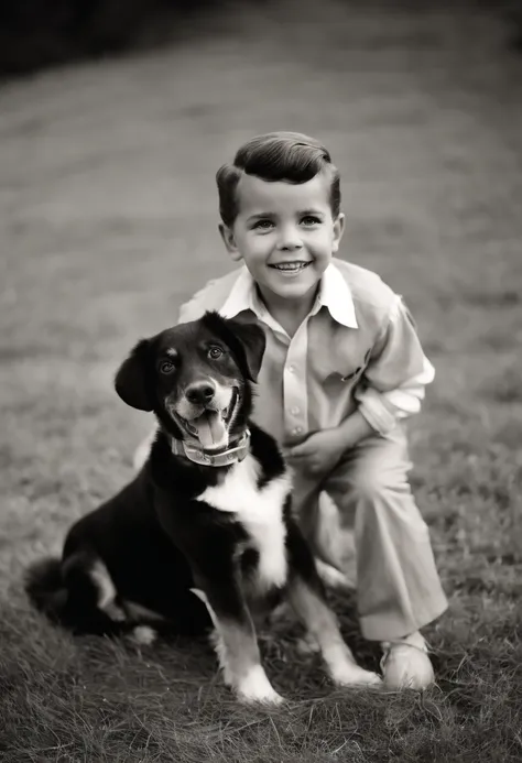 Foto colorida de menino que se parece com Jerry Lewis, DOG TRAINING, lively expressions, sorriso travesso, curly hair, estilo vintage, Fotografia em preto e branco, energetic movements, retro clothing, Classic Dog Training Tools, ambiente ao ar livre, dia ...