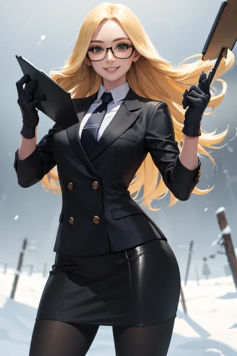 masterpiece, best quality, blonde hair, sfkolin, glasses, black shiny skirt suit, (((three-piece suit))), necktie, blazer, suit ...