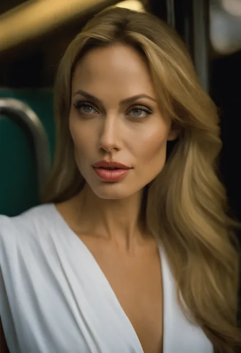 blonde angelina jolie 18 year old sister, latin, walk in train, sexy, super realistic