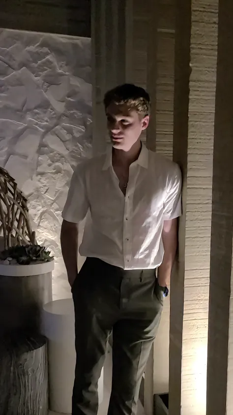 arafed man in white shirt and khaki pants standing in a room, standing in a dimly lit room, wearing a linen shirt, olive green slacks, wearing a white shirt, summer evening, wearing white shirt, full body picture, cinematic full body shot, wearing a white ...