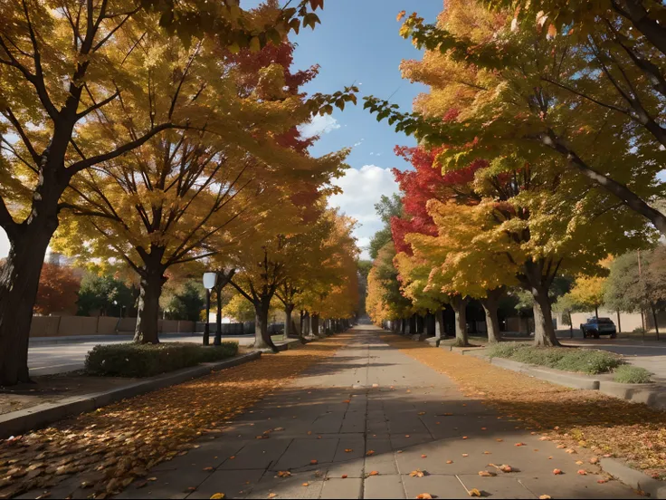 Autumn, orange and red autumn trees, falling leaves, sidewalk view, ((symmetrical)), ((POV))