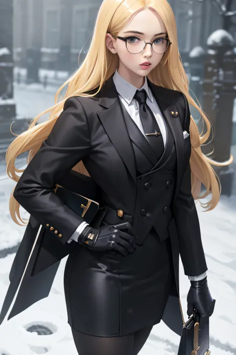 masterpiece, best quality, blonde hair, sfkolin, glasses, black shiny skirt suit, (((three-piece suit))), necktie, blazer, suit ...