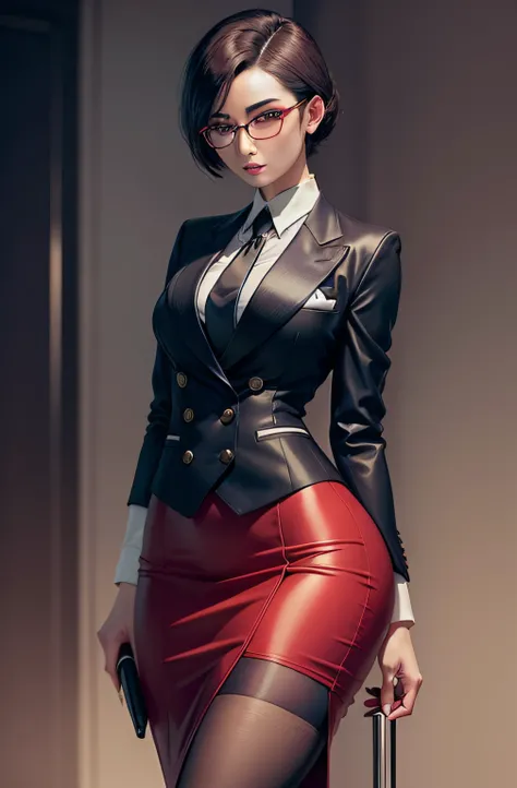 1 woman, ada wong, skirt suit, (((three-piece suit))), necktie, blazer, ((suit jacket)), ((waistcoat)), double-breasted waistcoat, bodycon miniskirt, pencil skirt, tie clip, pocket square, pocket watch, pantyhose, high heels, glasses, makeup, lipstick