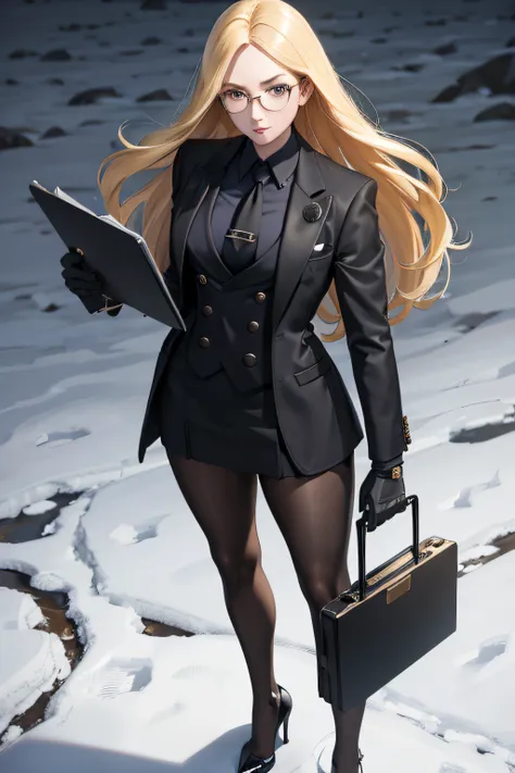 masterpiece, best quality, blonde hair, sfkolin, glasses, black shiny skirt suit, (((three-piece suit))), necktie, blazer, suit ...