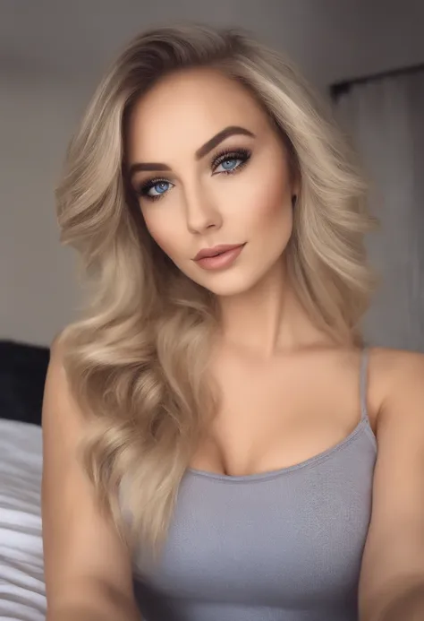 arafed frau voll , Sexy girl with blue eyes, ultra realistisch, Akribisch detailliert, portrait sophie mudd, blonde Haare und sexy Augen, Selfie of a young girl, Augen im Schlafzimmer, Violet Myers, mit Make-up, Natural makeup, Blick direkt in die Kamera, ...