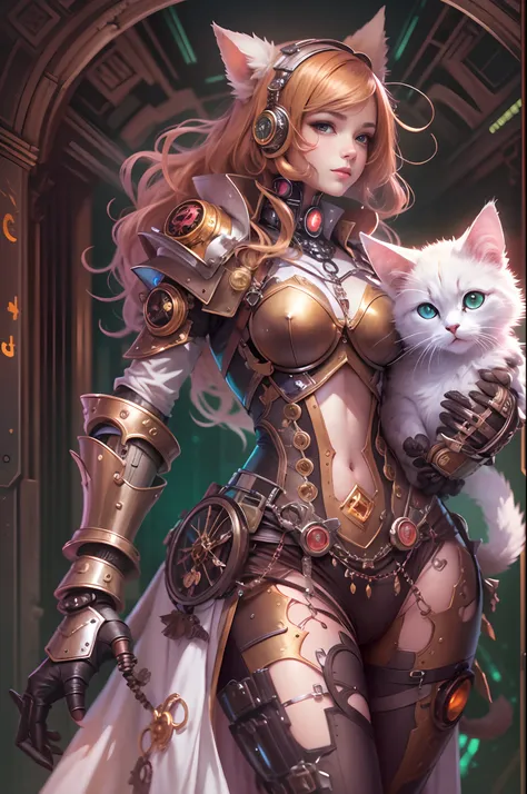 anime - style image of a woman in a full armor outfit with a cat, steampunk beautiful anime woman, full portrait of magical knight, cyborg goddess in cosmos, steampunk fantasy style, beautiful cyborg priestess, rococo cyberpunk, fantasy gorgeous lighting, ...