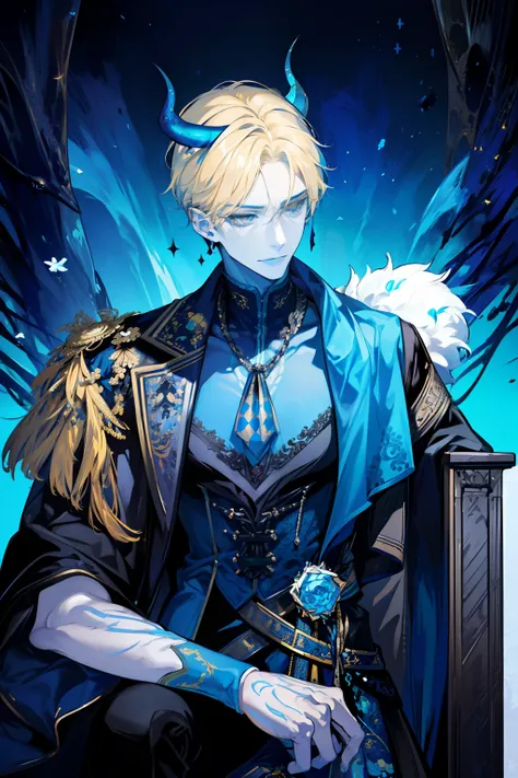 (absurdres, highres, ultra detailed), 1 male, adult, handsome, tall muscular guy, broad shoulders, finely detailed yellow eyes, blonde hair, (blue skin color:1.5), black devil horns, fantasy, complex pattern, detailed face, throne, magic effect, best ratio...