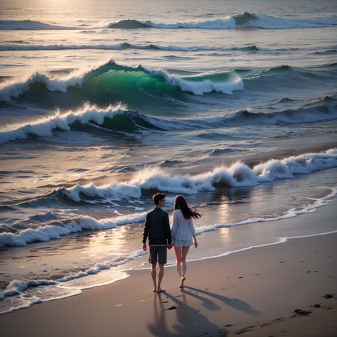 A beautiful black sand beach in the evening little dark and a couple is walking holding hands near ocean and the waves are washing their feet and everything around is beautiful and romantic in the view --auto --s2