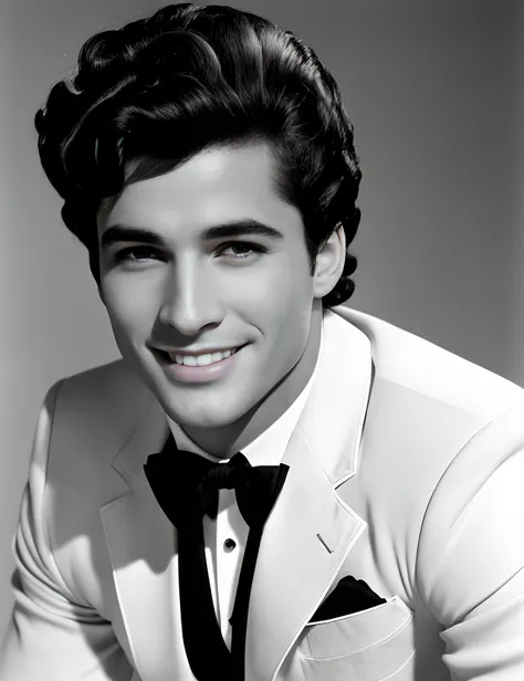 A stunning black and white photo captures the essence of a handsome and beautiful 1960s celebrity man with curly wolfcut-ish hair. With a charismatic smile and stylish attire, he exudes timeless charm. This captivating image is a nostalgic reminder of the ...