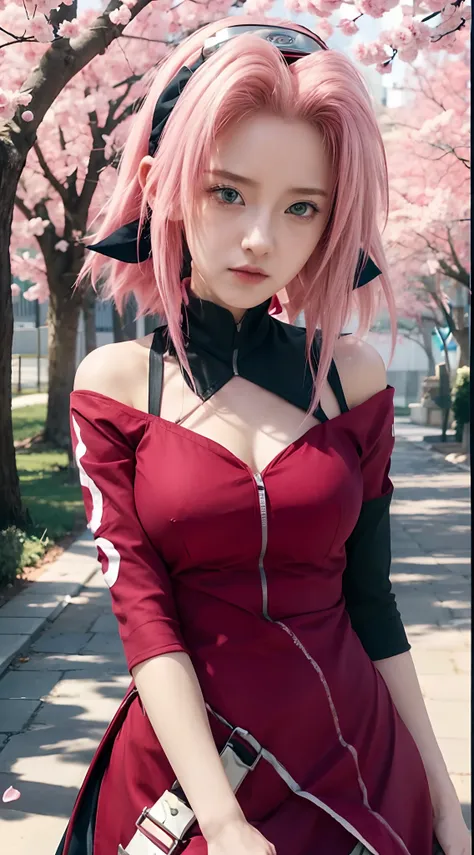 Real life adaption of this character,her name is sakura haruno from anime Naruto,she has a realistic same pink hair with a red headband, realistic same outfit, realistic same apron, beautiful korean teen face, she has green eyes color, realistic light, rea...