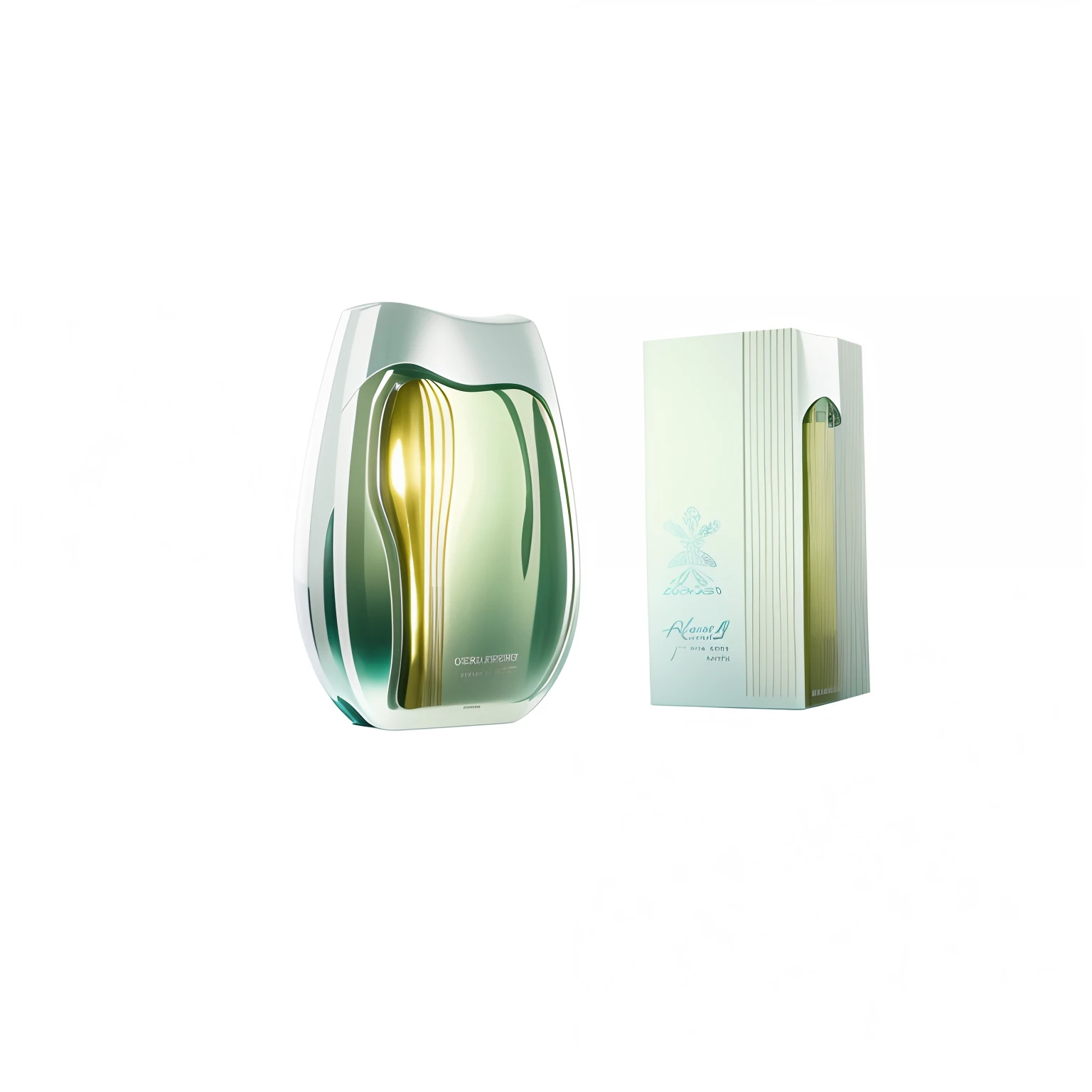 Theres a perfume bottle next to a perfume box, EORA, full view, perfume, Foto do produto, Karim Rashid, foto oficial do produto, 9 mil, 9k, teal pearly dynamic light, elegante, Hera, aura, illuminating the area, Miura, hiper-realista", coreano, hiper reali...