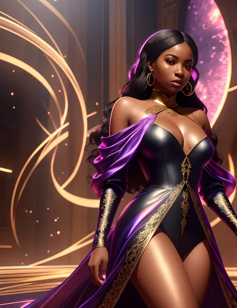 Beautiful black woman dressed in a silk soft dress walking in a rose golden heaven, with iridescent light, highly detailed images, vibrant beautiful colours, photorealistic image, 32k, ultra HD, unreal engine rendered, cinematic lighting, artgerm style, --...