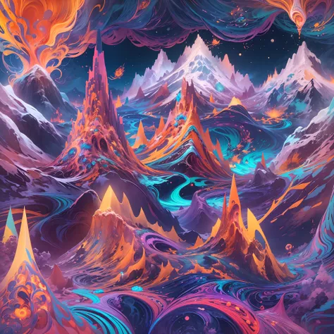 ((Winter wonderland, Snow-capped mountains, )),(Best quality,4K,8K,A high resolution,Masterpiece:1.2),Ultra-detailed, [Vibrant colors], [psychedelic patterns], [Sparkling textures], [Abstract shapes], [Unique design], [A mesmerizing glow], [Creative compos...