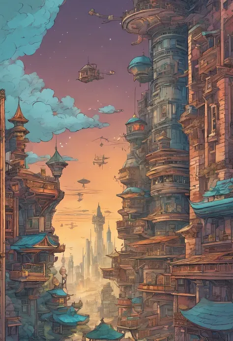 Chinese ink style, Steampunk world, musical studio in steampunk spaceship, Suspended in the air of the city, thick clouds, Animation art in ink, Comic ink art, Water ink, ink, stain, 8k, Delicately portrayed, Works by conductors, a city view. There are wiz...