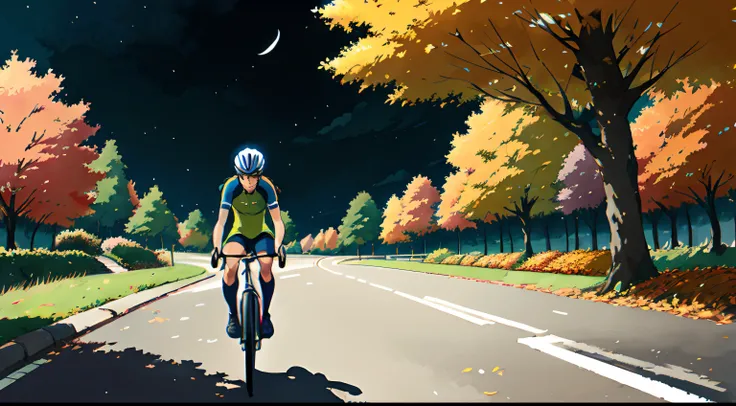 (cycliste seul: 1.5), (Realistic bike: 1.5), (realistic cyclist: 1.5), Plan en gros plan, Le meilleur des meilleurs, automne, nuit, Dark Skies, Orange leaves, Feuilles qui tombent, Landscaped background, ombres, contraste, Makoto Shinkai (beste-Qualit:1.3)...