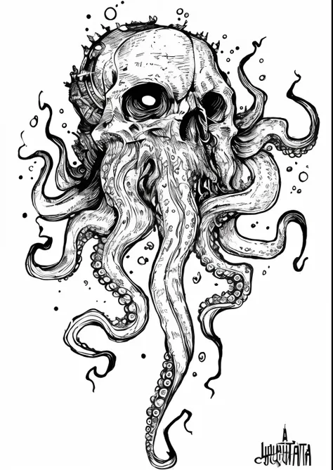 A drawing of an octopus with a skull on its head, Lula de Cthulhu, lovecraft illustration, leviathan cthulhu squid, Criatura marinha lovecraftiana, highly detailed ink illustration, detailed ink illustration, Inspirado em Lovecraft, inspirado em H.P. Lovec...