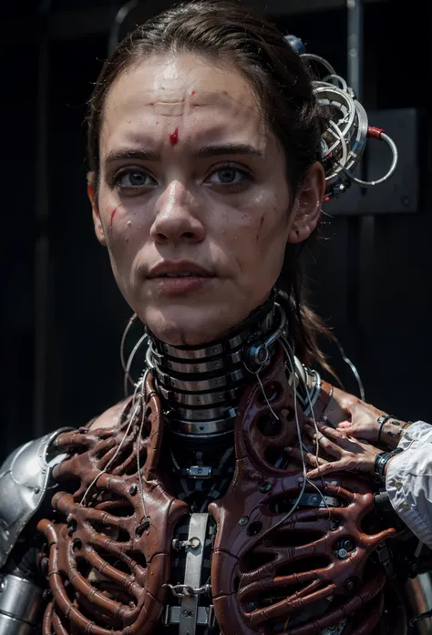 Man with blood on his face and neck, filme ainda de um ciborgue, filme ainda de um ciborgue legal, movie still of a villain cyborg, highly detailed cybernetic body, movie still of a alien cyborg, modelo de moda ciborgue, cybernetic body, Retrato detalhado ...