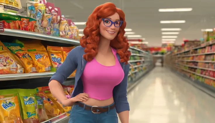 Allison confidently promotes the snacks in the grocery store, wearing a pink crop top, ponytail, blue jeans, and hiking boots. Her vibrant red hair and glasses add to her unique appearance.
Allison, a 24-year-old American from Corpus Christi, Texas, stands...