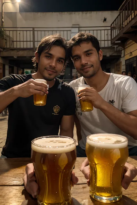 dois amigos sentados tomando cerveja ao fundo da imagem a cidade de ouro preto minas gerais brasil