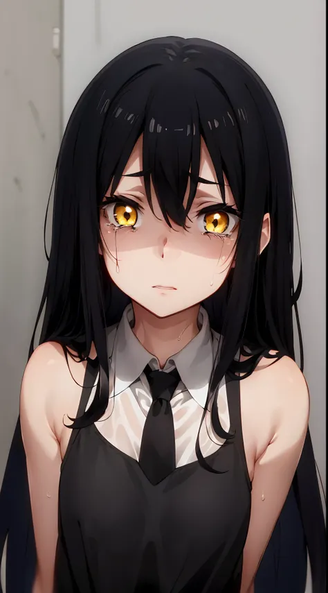 (mieruko:1.3), 1girl, scared, tears, sweat drips, yellow detailed eyes, long black hair, big eyes, (open mouth:0.1), detailed pupils, hdr shadows, (elegant clothes, sleeveless), ((upper body)).