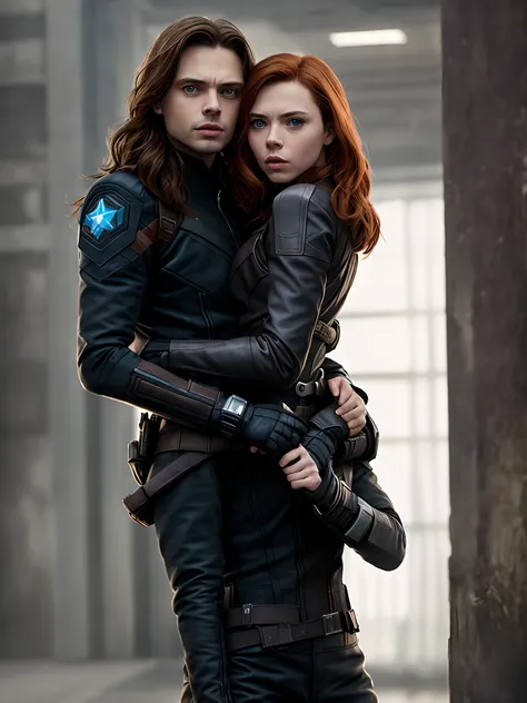 sebastian stan as bucky barners , the winter soldier , scarlet johanson as natasha romanoff the black widow , realistic , 8k , soft light focus