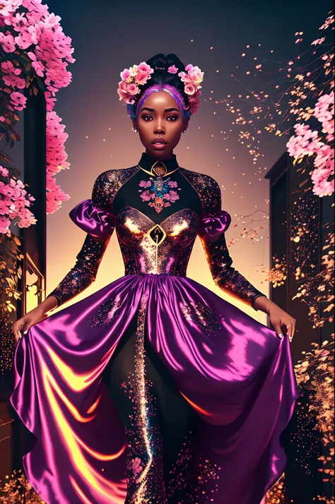 Beautiful black woman dressed in a silk soft dress walking in a rose golden heaven, with iridescent light, highly detailed images, vibrant beautiful colours, photorealistic image, 32k, ultra HD, unreal engine rendered, cinematic lighting, art by Bella kota...