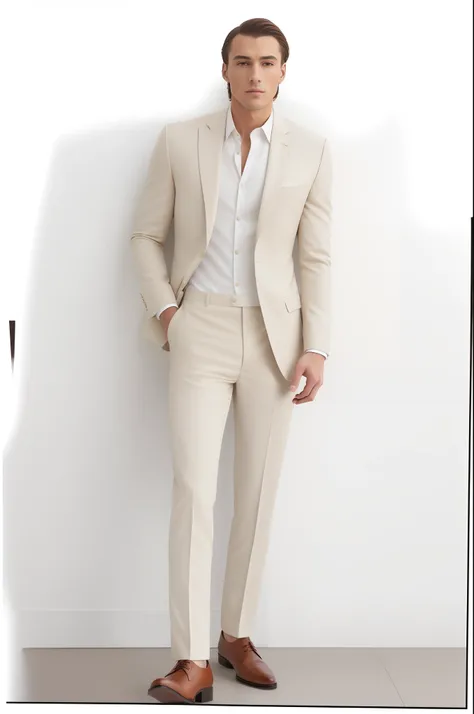 A man in a brown suit, leaning against the wall, Brown suit, in a white suit, high quality costume, White costume, Elegant form-fitting beige shirt, formal suit, In a stylish mens suit, luxurious suit, Formal attire, masculine appeal high fashion, Wearing ...