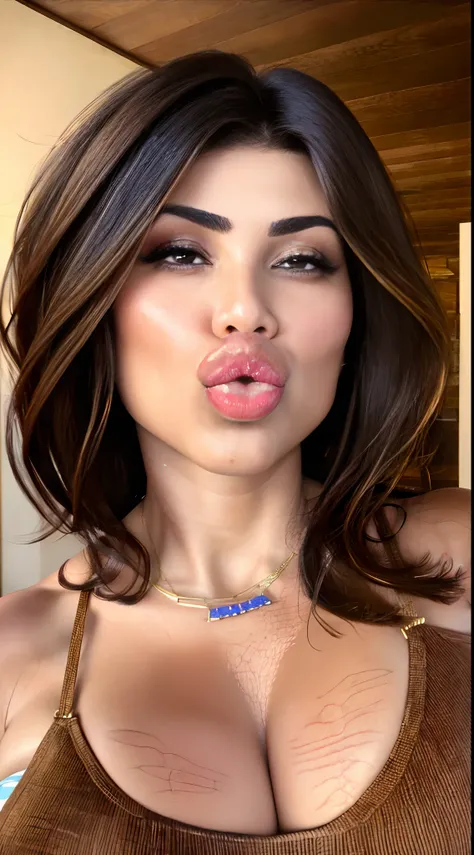 Stunning up-close portrait of Daniella Monet, milf, mature, short brown hair, brunette, faux bob hairstyle, high cheekbones, big lips, full lips, pouting, pouting lips, Best quality, 8k, Masterpiece, realistic, photorealistic, (gigantic breasts:1.2)