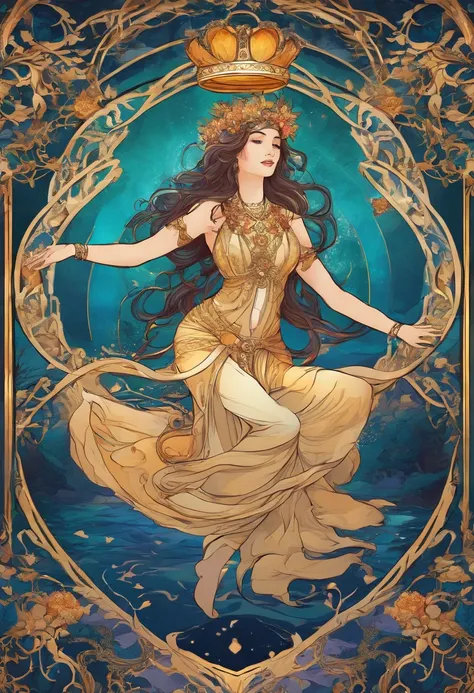 (best quality,4k,8k,highres,masterpiece:1.2),ultra-detailed,(realistic,photorealistic,photo-realistic:1.37),tarot card,queen of cups,illustration,rich texture,vivid colors,mysterious ambiance,detailed patterns and symbols,feminine energy,water element,sere...