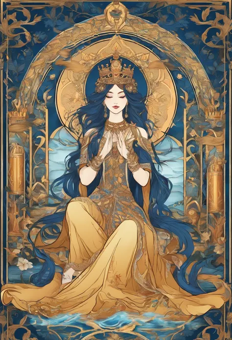 (best quality,4k,8k,highres,masterpiece:1.2),ultra-detailed,(realistic,photorealistic,photo-realistic:1.37),tarot card,queen of cups,illustration,rich texture,vivid colors,mysterious ambiance,detailed patterns and symbols,feminine energy,water element,sere...