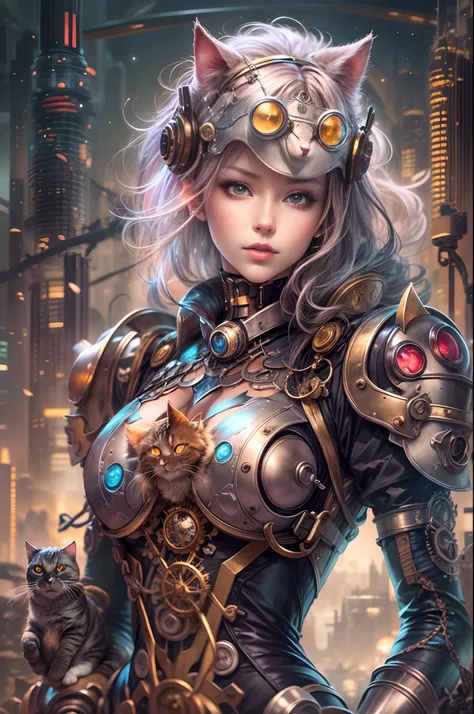 anime - style image of a woman in a full armor outfit with a cat, steampunk beautiful anime woman, full portrait of magical knight, cyborg goddess in cosmos, steampunk fantasy style, beautiful cyborg priestess, rococo cyberpunk, fantasy gorgeous lighting, ...