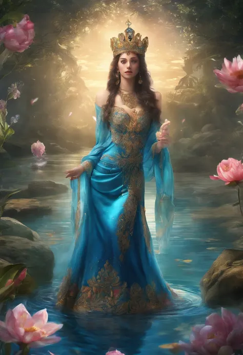 (best quality,4k,8k,highres,masterpiece:1.2),ultra-detailed,(realistic,photorealistic,photo-realistic:1.37),tarot card,queen of cups,illustration,rich texture,vivid colors,mysterious ambiance,detailed patterns and symbols,feminine energy,water element,sere...