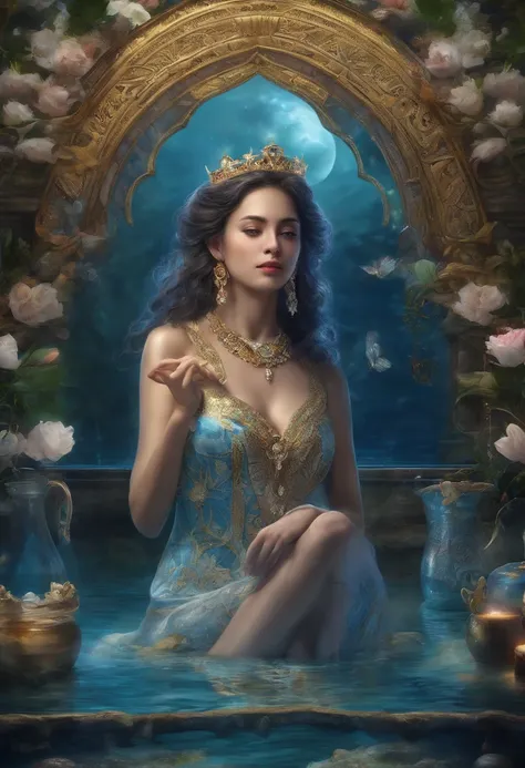 (best quality,4k,8k,highres,masterpiece:1.2),ultra-detailed,(realistic,photorealistic,photo-realistic:1.37),tarot card,queen of cups,illustration,rich texture,vivid colors,mysterious ambiance,detailed patterns and symbols,feminine energy,water element,sere...