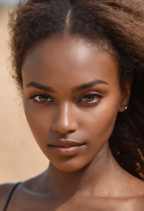 dark brown skin, beau visage, cheveux afro, Afro naturel, cheveux longs, African tribal theme,Somali Characteristics, Bijoux en or, ((Yeux noisette cristallins:1.2)), detailled eyes, beaux yeux, ((Masterpiece, UHD, 8k)), profondeur de champ, Dunes de sable...