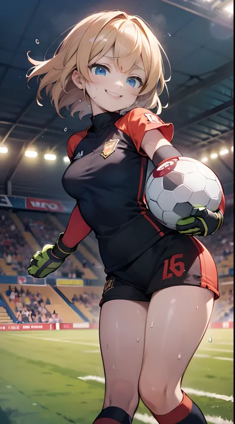 (((masterpiece))), (((Best Quality))), (((Ultra Detail Art))), (((hight resolution))), ((superfine illustration)), ((Ultimate cutie)), Detailed beautiful face, Shiny hair, (gyaru), ((medium breasts)), ((potbelly)), (((solo))), (((female goalkeeper))), ((Ev...