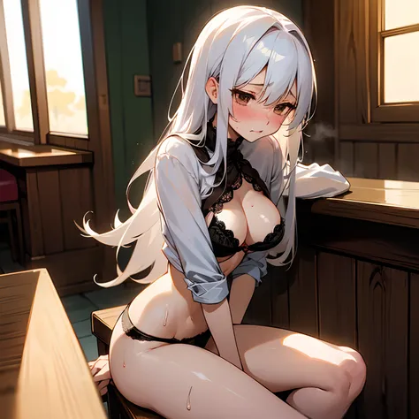 anime woman, undressed, background is a BAR, sitting on bar counter, drinking alcohol, large breasts, tight tiny lacy bra, no shirt, taking panties off, sweat dripping down leg, black lacy panties, legs open, long white hair, brown eyes, in love, sex, lewd...