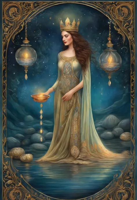 (best quality,4k,8k,highres,masterpiece:1.2),ultra-detailed,(realistic,photorealistic,photo-realistic:1.37),tarot card,queen of cups,illustration,rich texture,vivid colors,mysterious ambiance,detailed patterns and symbols,feminine energy,water element,sere...